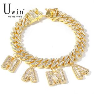 Uwin Custom Slink Miami Cuban Link z bagietką litery Rhinestone 12 mm Bransoletka Punk Hip Hop Bling Jewelry 231225