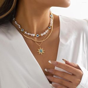 Chains Ethnic Sunflower Pine Stone Pendant Necklace Vintage Imitation Pearl Eyes Beaded Collars Travel Accessories Wholesale 057