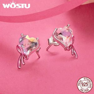 WOSTU Highquality 925 Sterling Silver Heart Bow Ear Studs Pink Heartshaped Buckles for Women Fine Jewelry Daily Party Gift 231225