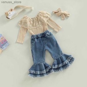 Conjuntos de roupas 2022-10-28 0-24m Crianças Meninas 2 Pcs Calças Terno Manga Longa Em Torno Do Pescoço Lace Romper Tops Denim Bell-Bottoms Headband