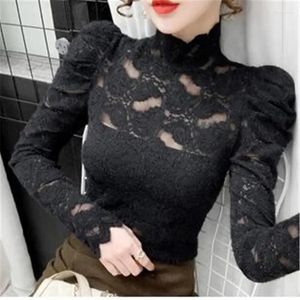 Women's T Shirts Elegant Turtleneck Folds Ruffles Hollow Out Lace Blouse Women Clothing 2023 Autumn Casual Pullovers Puff Sleeve Korean