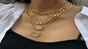 Punk Multi Layer Curb Cuban Chunky Thick Portrait Choker Necklace Women Vintage Carved Coin Pendant Necklace Jewelry4565665