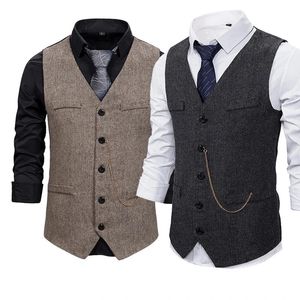 Jackets LUCLESAM Men Business Herringbone Suit Vest Single Breasted Slim Metal Chain Tweed Waistcoat gilet costume homme