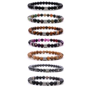 6mm Men Business Armband Tigers Eye Stripe Agate Stone rostfritt stål Charms Black Beads Energy Strand smycken