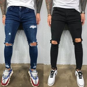 Мужские джинсы коленные отверстия разорванные растягиваемые джинсовые брюки Твердые цвета черный синий осенний лето-хип-хоп Слим-подходные брюки S-4XL 231222