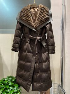女性冬暖かい本物の天然ミンクファーカラーホワイトグースダウンジャケットロングパフ濃厚なコート女性のアウトウェア231225