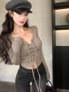 Women's Sweaters Drawstring Tie Up Long Sleeve Knit Cardigan Female Autumn Pure Desire Spice Slim Short With A Base Grey Top