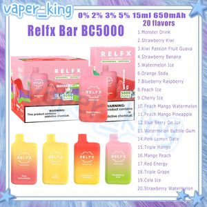 Relfx Bar BC5000 Puffs engångscigaretter mesh spole 15 ml pod 650 mAh batteri elektroniska cigs puffs 5k 0% 2% 3% 5% 20 smaker vape penna snabb leveransfabrik uttag