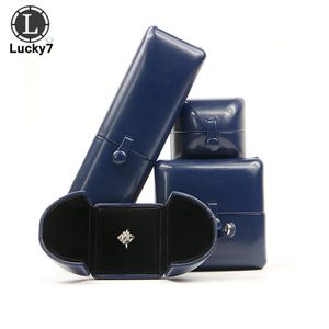 Simple Blue Pu Leather Double Open Marriage Jewel Box Wedding Pendant Ring Armband Halsband Gift 231225