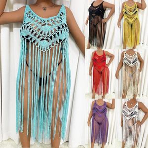 Kvinnors badkläder Kvinnor plus storlek Casual Ethnic Style Color Block Stitching Bathing Suit Beach Outlet 2024 Hollow Out Cover Up Dress