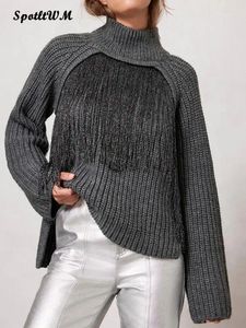 Kvinnors tröjor Fashion Grey Sparkle Fringe Jumper Women Lose Tassel Turtleneck Metallic tröja Casual Long Sleeve Ribbed Knit Pullover