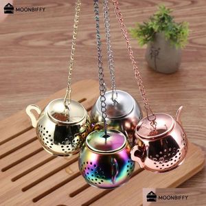 Tea Strainers Metal Strainer Teapot Shape Loose Infuser Stainless Steel Leaf Maker Chain Drip Tray Herbal Spice Filter Fy3945 Drop D Dho09