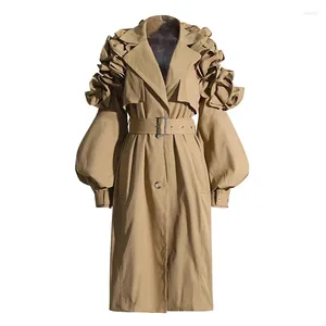 Kadın trençkotları moda uzun palto yaka kollu fırfırlı dikiş rüzgar kırdı