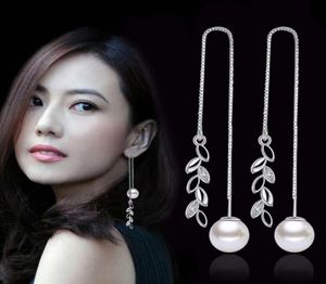 925 Sterling Silver Fashion Flower Dangle örhängen Luxur Pearl Long Tassel Leaves Crystal Ear Rings smycken för kvinnor2655804