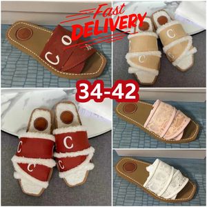 Sandles Designer slides womens lady woody sandals fluffy flat mule slide beige white pink lace lettering canvas fuzzy slippers summer shoes