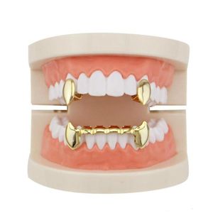 Ganze glänzende Kupfer Dental Grillz Punk Vampir Eckzähne Schmuck Set Hip Hop Frauen Männer vergoldet Grills Zubehör8694526