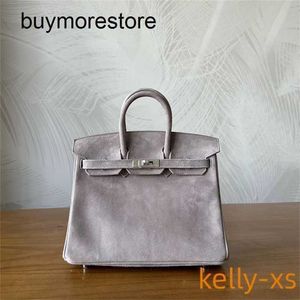 Handbag Suede Bag Birrks 7A Top Genuine Leather Handmade Winter Fashion sewn handmade for light grayWE88