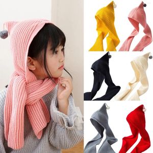 Scarves Todder Kid Knit Hooded Scarf Solid Color Winter Melon Cap Baby Boys Girls Warm Thick Knitted Bonnet Hair Hijabs Musulman