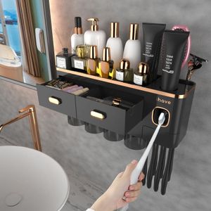 Toothbrush Holders for Bathrooms Upgrade Wall Mounted Holder with Toothpaste Dispenser 4 Cups Large Capacity Tray 231225