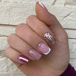 False Nails Short Square Nail Tips With Designs Fashion Glitter Pearlescent Manicure French White Fringe Fake Press On