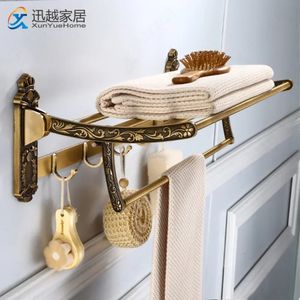 Handduk Rack fällbart rörligt badhållare Antik guld aluminium förvaring dubbel bar aktiv tyghylla med krok badrumstillbehör 231225
