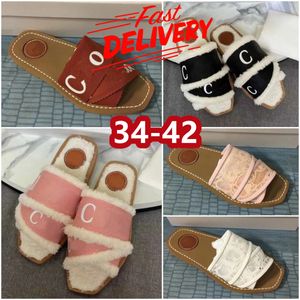 Sandles Designer slides womens lady woody sandals fluffy flat mule slide beige white pink lace lettering canvas fuzzy fur summer shoes