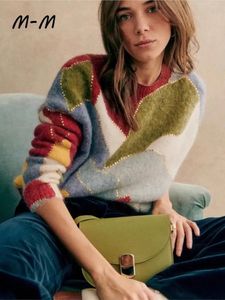 Многоцветный лоскутный вязаный свитер с круглым вырезом, модный женский повседневный пуловер с золотыми пайетками, 2023, женский осенне-зимний уличный офисный джемпер 231222