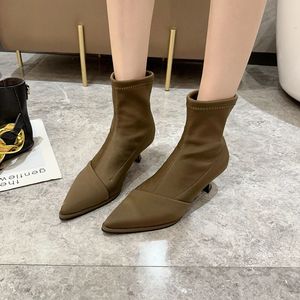 Women's Designer Thin Heel Stretch Sock Boots Autumn Wniter Elegant High Heels Satin Pointed Toe Short Boots Women Shoes 231225