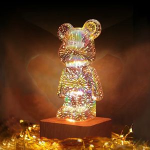 3D Fireworks Bear Night Light Projection Colorful USB Atmosphere Dimming Living Decorative Decor Room 3D Glass Fireworks Bedroom