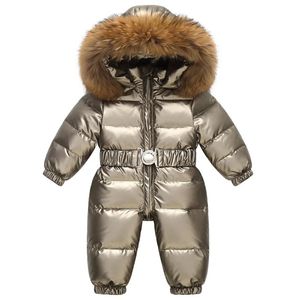 Rússia inverno crianças snowsuit brilhante ouro prata ao ar livre pato para baixo macacão grande gola de pele outerwear criança bebê macacão geral 231225
