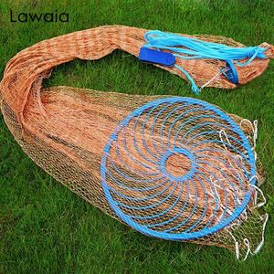 Lawaia Gussnetz mit Stahlanhänger, geflochtene Schnur, Handwurf-Fischernetz mit großem blauen Ring aus Kunststoff, Netzgerät zum Angeln