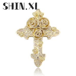 Hip Hop Iced Out Gold Plated Rose Cross Pendant Necklace Bling Bling Jewelry for Men and Women204l