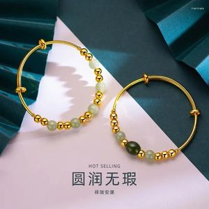 Bangle Imitation 24 Real Gold Handstring Women's Jewelry Golden Plated Round Beads Push and Pull Agate Stone Armband Fashion