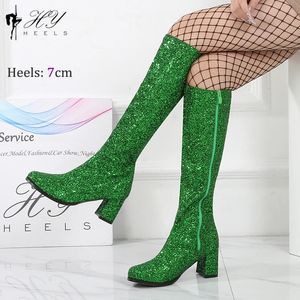 Verde glitter 60s 70s retro gogo botas trajes cosplay joelho alto go botas mulheres 7cm sapatos de salto grosso plus size eu46 231225