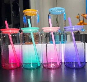 New 16oz sublimation clear Gradient glass tumbler glass can with colorful lids clear glasses reusable straw beer Can Transparent frosted Soda Can Cup drinking cups