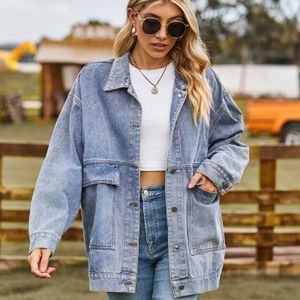 Autumn Women's Long Sleeve Denim Jacket Fashion Loose Civersatile Mid-Längd Jeans Coat Casual Clothing S-2XL 231225