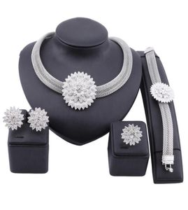 Afrikanischer Schmuck, Blumen-Kristall-Halsketten-Ohrringe, Dubai-Gold-Schmuck-Sets für Frauen, Hochzeit, Braut, Armband, Ring-Set9404289