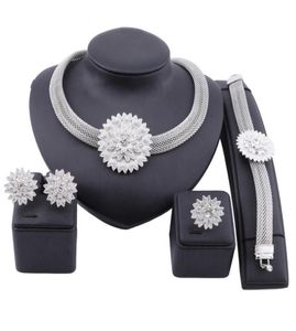 African Jewelry Flower Crystal Necklace Earrings Dubai Gold Jewelry Sets for Women Wedding Bridal Bracelet Ring Set9404289