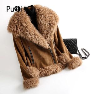 Jackets Pudi Ct930 Women Winter Warm Real Sheep Fur Coat Jacket Lady Genuine Pig Split Skin Garment Girl Coats Overcoat