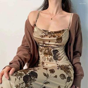 Casual Dresses Independent Design Refined Autumn Winter Women Clothing French Fashion Sexy Spaghetti-Strap Floral Print Slim Fit Dress