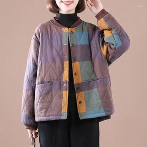 Women's Down 2023 Winter Cotton Jackets Kvinnor Kläder Korean Löst stor storlek Casual Plaid Retro Tops Short Parkas Coat D687