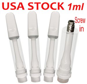 USA Stock Full Ceramic vagnar 1 ml VAPE-patroner Tjocka oljevagnar Platt Skruv i spetsar Glasstankar Tom E-cigarett 2mm 4 Oljehål Ceramic Coil 510 Tråd Atomizer V22