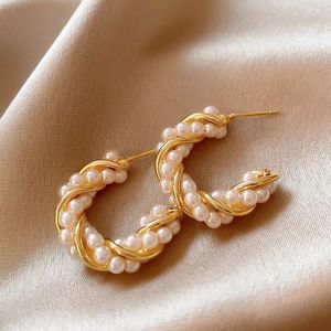 Stud Earrings Retro Luxury Elegant Gold Color Metal Pearl C-shaped Twist Hoop For Women Fashion Cute Geometric Jewelry Party Gifts