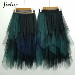 Dresses Jielur Tulle Skirt Spell Color Elastic High Waist Skirts Womens Dance Tutu Skirts Irregular Skirt Lolita Petticoat Midi Rokken