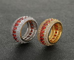 Size 712 Who Hip Hop 5 Rows Luxury Red Cubic Zircons Ring Gold Silver for Men Finger Rings1206558
