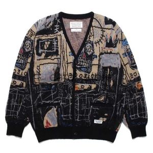 Maglioni da uomo Street fashion Full Graffiti Jacquard WACKO MARIA Cardigan lavorato a maglia con scollo a V Cappotto hip hop di alta qualità Maglione oversize J231225