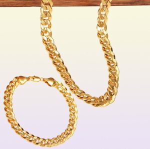 Classics Fashionable Real 18K Yellow Gold Mens Woman Necklace Bracelet Jewelry Sets Solid Curb Chain Abrasion resistant5294489