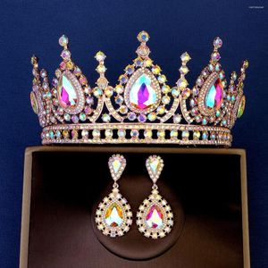 Hårklipp stilar brud smycken set ab sten kristall krona örhängen studs brud tiara bröllop huvudtillbehör för kvinnor