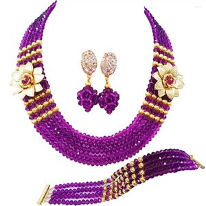 Necklace Earrings Set Original Purple African Wedding Jewelry 5 Strand Nigerian Costume