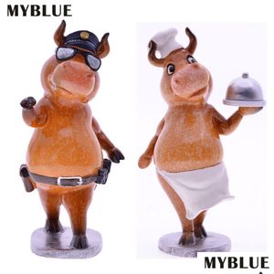 Decorative Objects & Figurines Myblue Kawaii Year Bl Resin Policeman Chef Zodiac Cattle Statue Nordic Home Room Decoration Accessories Dhxi1